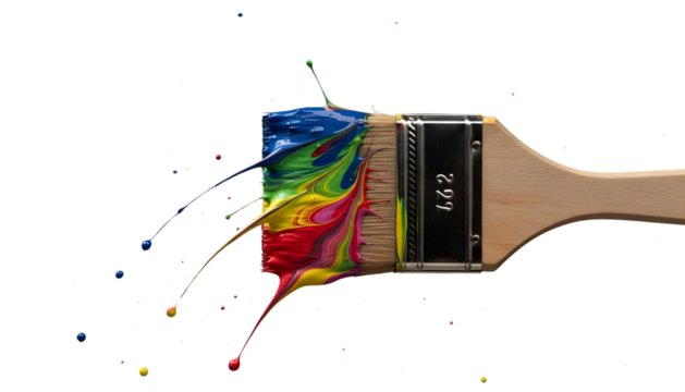 A close-up studio shot on a black background features a paintbrush loaded with vibrant, multicolored paint
