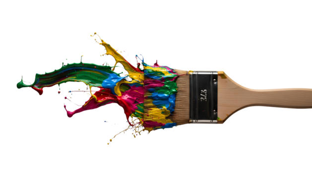 A close-up studio shot on a black background features a paintbrush loaded with vibrant, multicolored paint