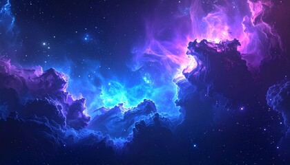 Breathtaking celestial landscape of a vibrant blue and purple nebula, showcasing cosmic dust clouds and sparkling stars within the vastness of deep space