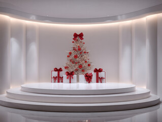 White Christmas tree red ornament red bow red gift box red ribbon red present red decoration