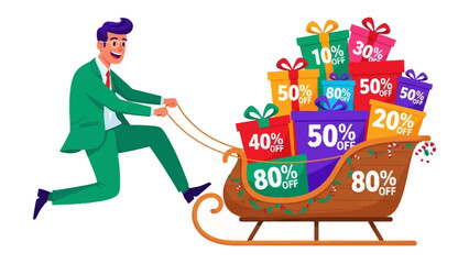 Gift Sleigh Ride: An illustration of a man joyfully pulling a sleigh piled high with colorful gift boxes, each boasting enticing discount percentages. It's a visual metaphor for shopping, savings.
