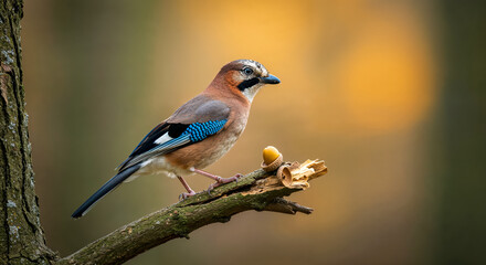 Bird perched on a branch with an acorn against a blurred natural background during the day © Fotkrat