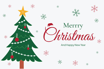 Merry Christmas and Happy New Year Greeting Card with Festive Tree and Snowflake Decorations
