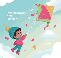 International Kite Festival illustration, child flying colorful kite, festive celebration, outdoor fun, cultural event, sky background, joyful activity, holiday artwork, vector design