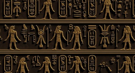Ancient Egyptian Hieroglyphs and Deities Carved in Stone, Historical Wall Relief.
