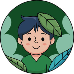 Cartoon character illustration, smiling boy with leaves, nature theme artwork, eco friendly design, children vector, green environment, happy mascot, colorful background