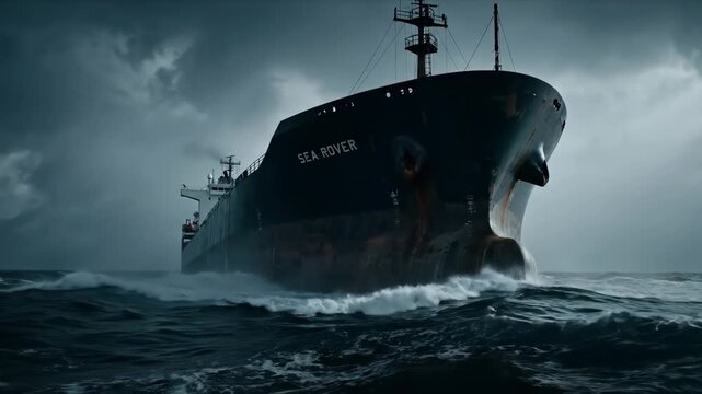 Cargo Ship in Rough Seas - A large cargo ship named "Sea Rover" navigates through a stormy sea with turbulent waves crashing against its hull.