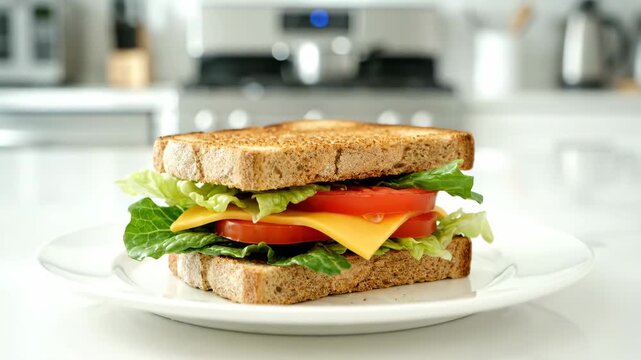 Delicious Sandwich on White Plate - A close-up shot of a freshly made sandwich stacked on a white plate. The sandwich features toasted bread, lettuce, tomato, and cheese.