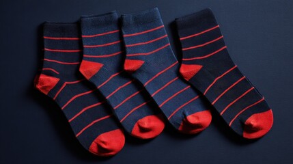 Four pairs of striped socks are arranged neatly on a dark surface. Each sock features a navy blue base with red stripes and contrasting red toes.