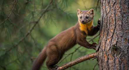 Marten climbing a tree in a green forest during daylight hours