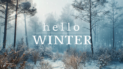 elegant hello winter text over wild forest winter nature scenery; blue color scheme banner with letters and white winter