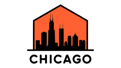Chicago Skyline Icon: A striking graphic of the Chicago skyline, encapsulated within an orange house icon, symbolizes the city's architectural prowess and urban landscape.