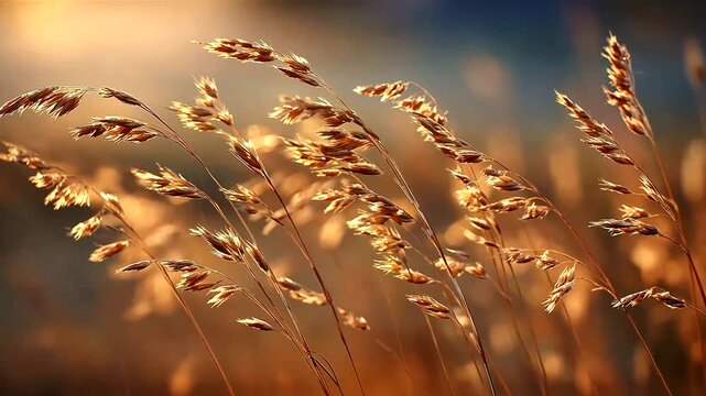 Golden-hued grasses waving gently in a soft breeze, illuminated by a warm, diffused sunlight