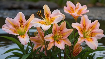 Fototapeta premium Delicate alstroemeria flowers with soft pink, orange, and yellow petals marked by fine streaks near the pond