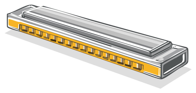 Cartoon Harmonica Illustration Silver Metal with Yellow Comb Classic Musical Instrument for Blues Folk Music Performance