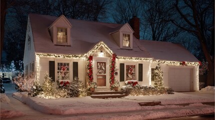 A cozy house glows softly under the winter night sky, adorned with bright lights and wreaths. Snow covers the ground, giving a perfect holiday vibe in the peaceful neighborhood.
