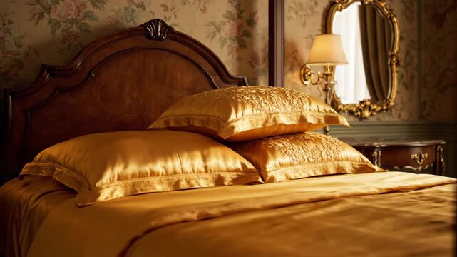 Luxurious Gold Bedroom Interior - A detailed shot of a luxurious bedroom features golden satin sheets and pillows stacked on a dark wood bed frame.