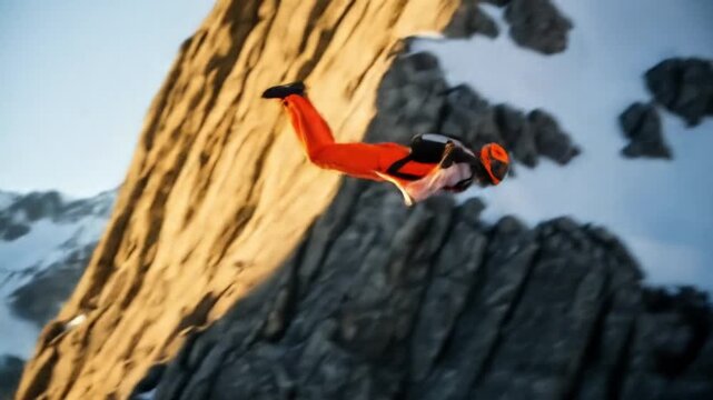A person in an orange wingsuit soaring past a rugged, sunlit mountain peak during an extreme base jumping flight.