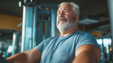 Obraz premium A man with gray hair is engaging in strength training at a gym. He looks focused and determined while using fitness equipment in the morning hours.