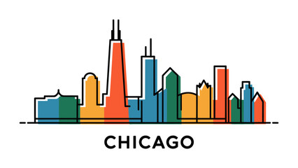 Fototapeta premium Chicago Skyline: A vibrant illustration showcases the iconic Chicago skyline, with a minimalist design highlighting its famous architectural features and colorful tones.