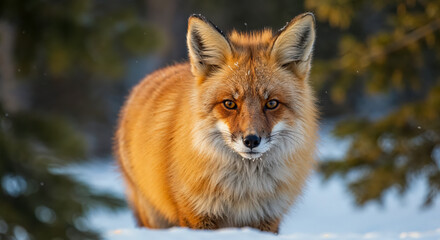 Red fox standing on snow in a forest during winter morning with soft light filtering through trees