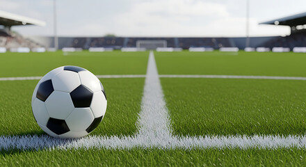 Fototapeta premium A soccer ball rests on the green grass of a soccer field, with a stadium in the background, capturing the essence of the sport and the excitement of the game
