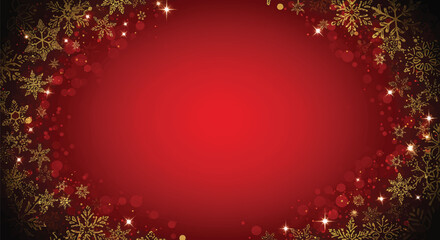 A vibrant red Christmas background with gold snowflakes and sparkles on a black and white border