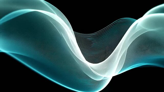 A flowing, abstract design of curving lines in shades of teal and white against a black backdrop