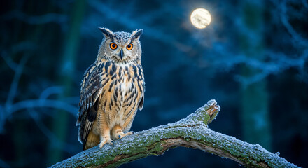 Owl perched on a frosted branch in a forest at night with a full moon in the background