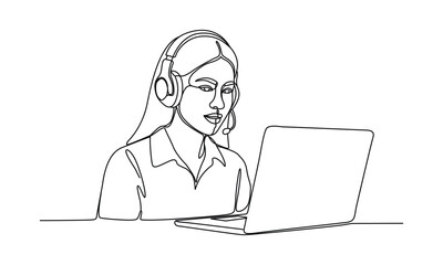 Continuous line drawing of woman working on laptop with headset