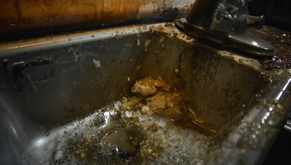 Dirty kitchen sink with food waste and grime, close-up shot