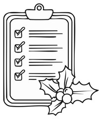 Clipboard with checklist items and holly sprig, holiday planning outline