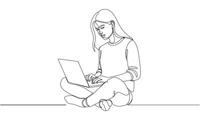 Continuous Line Drawing of Young Woman Working on Laptop Computer