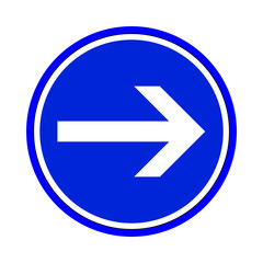 Blue circular traffic sign with a white arrow pointing right isolated on transparent background
