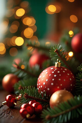 Obraz premium Warm holiday decorations with festive ornaments and evergreen boughs create a cozy atmosphere during the Christmas season