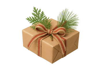 Rustic christmas gift box wrapped in brown paper with red ribbon and pine sprigs on transparent background