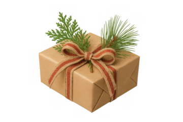 Rustic christmas gift box wrapped in brown paper with red ribbon and pine sprigs on transparent background