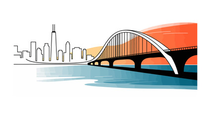 City Bridge: The sketch of a modern bridge stretches across the water, it is silhouetted against an orange and blue sunset. The city skyline is visible. 