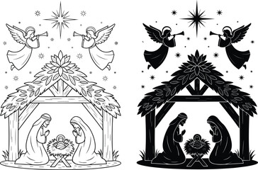 Nativity, Scene, Christmas, Jesus, Mary, Joseph, Angel, Star, Stable, Manger, Silhouette, Line, Art, Vector, Cad, Drawing, Design, Illustration, Black, White
