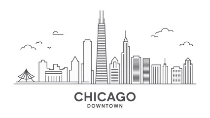 Obraz premium Chicago Skyline Silhouette: The elegant cityscape of Chicago, captured in a clean, minimalist silhouette, showcasing its iconic buildings and the architectural grandeur of the city.