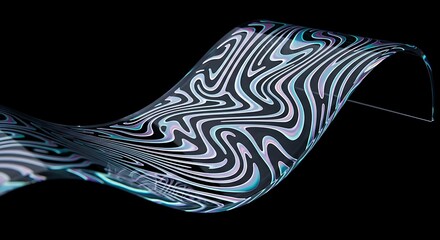 Abstract flowing fabric with wavy black and white pattern on black background
