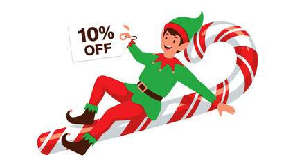 Holiday Sale: An elf rides a candy cane while holding a sign, advertising a generous discount and bringing the festive spirit to life.