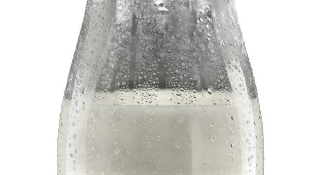 Close up of a Cold Glass Milk Bottle with Condensation on Black