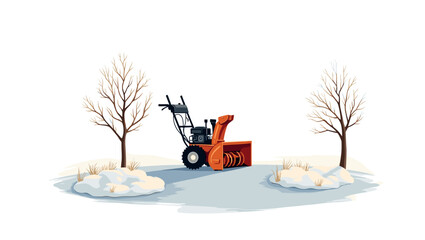 Red snowblower in driveway between leafless trees on snow patch with soft light concept of winter maintenance