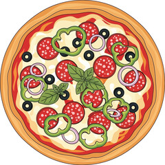 Delicious Pepperoni Pizza with Green Peppers, Olives, and Onions - Top View