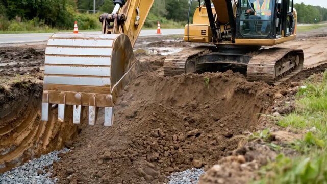 Detailed view of a backhoe scooping earth in a roadside ditch excavation illustrating site preparation for effective drainage management.