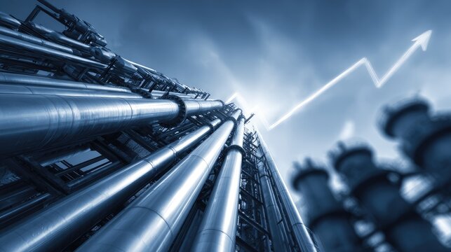 Industrial Pipes and Equipment Against Blue Sky with Upward Trend Arrow Illustrating Growth and Progress in Manufacturing Sector