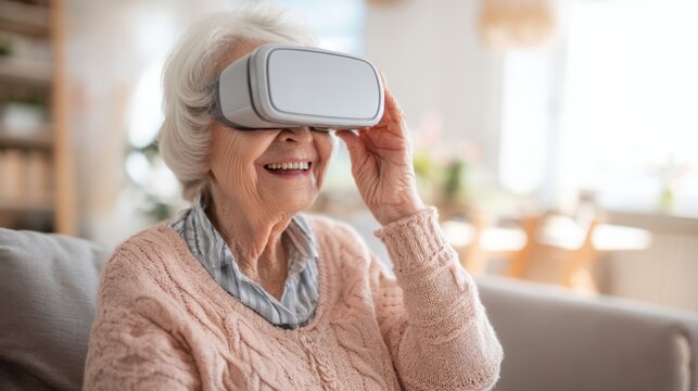 Senior woman enjoys a delightful virtual reality experience while seated comfortably at home