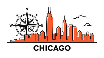 Fototapeta premium Chicago Skyline with Compass: An elegant illustration of the Chicago skyline, juxtaposed with a compass, symbolizing direction and discovery in the city.