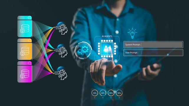 AI agents with prompt engineering and AGI system integration. Data automation, machine learning, digital transformation, neural network, smart technology, business intelligence process